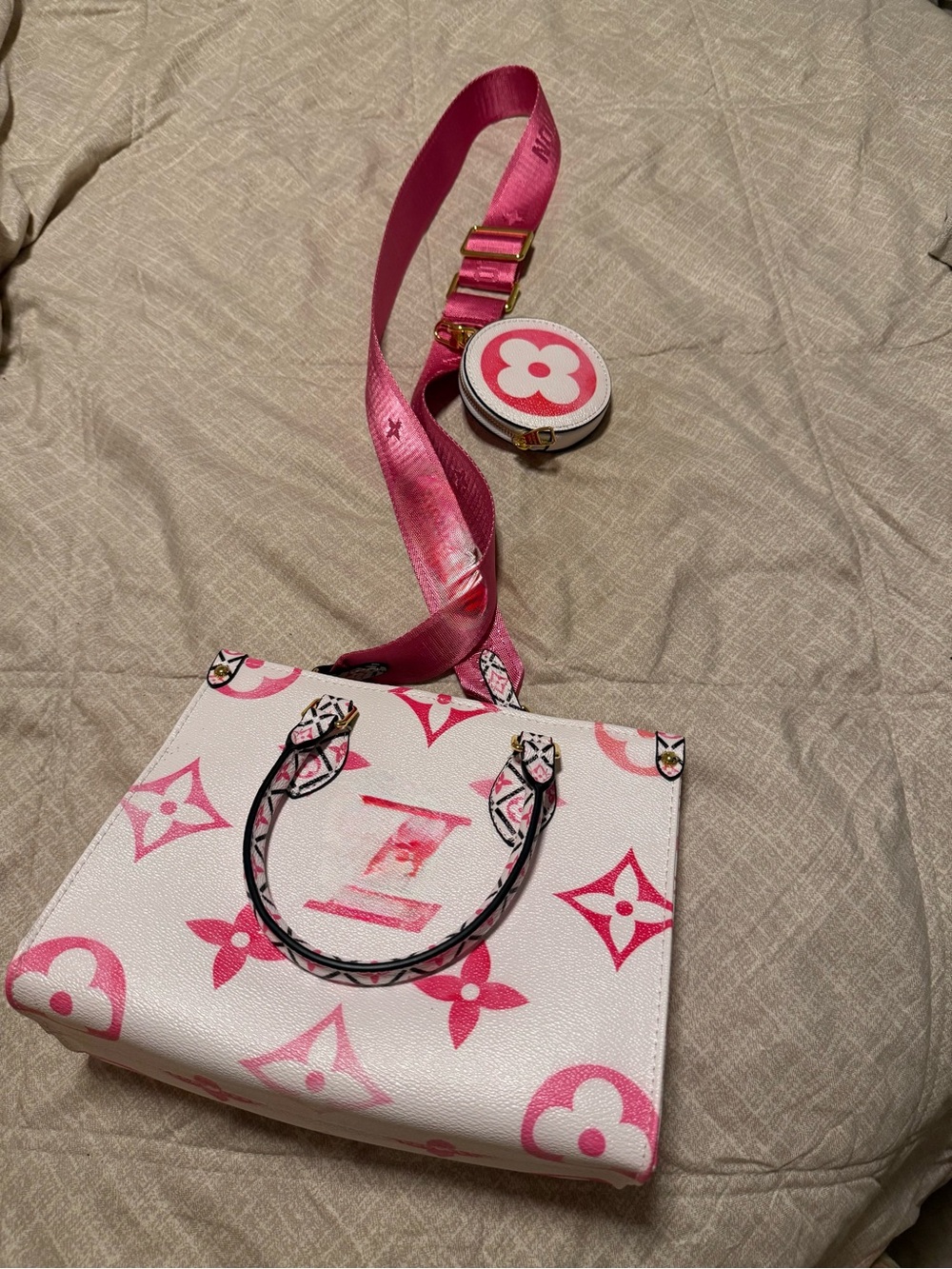 Pink & White purse with Monogram Tote Bag with Adjustable Strap & coin purse